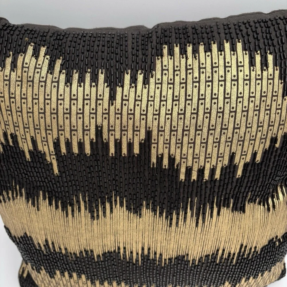 Black And Gold Beaded Geometric Accent Pillow‎ 14x14 Luxury Chic VGUC